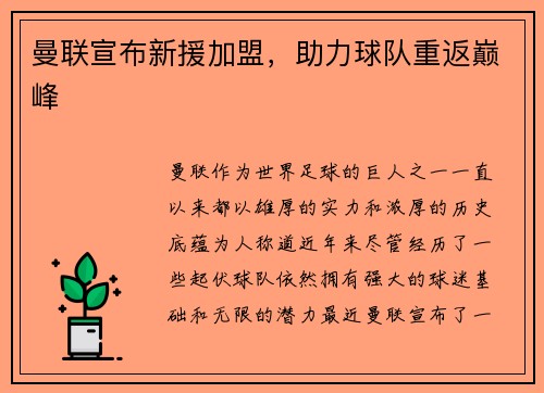 曼联宣布新援加盟，助力球队重返巅峰